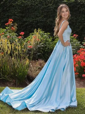A Line Open Back Blue Satin Long Prom, Long Blue Formal Evening