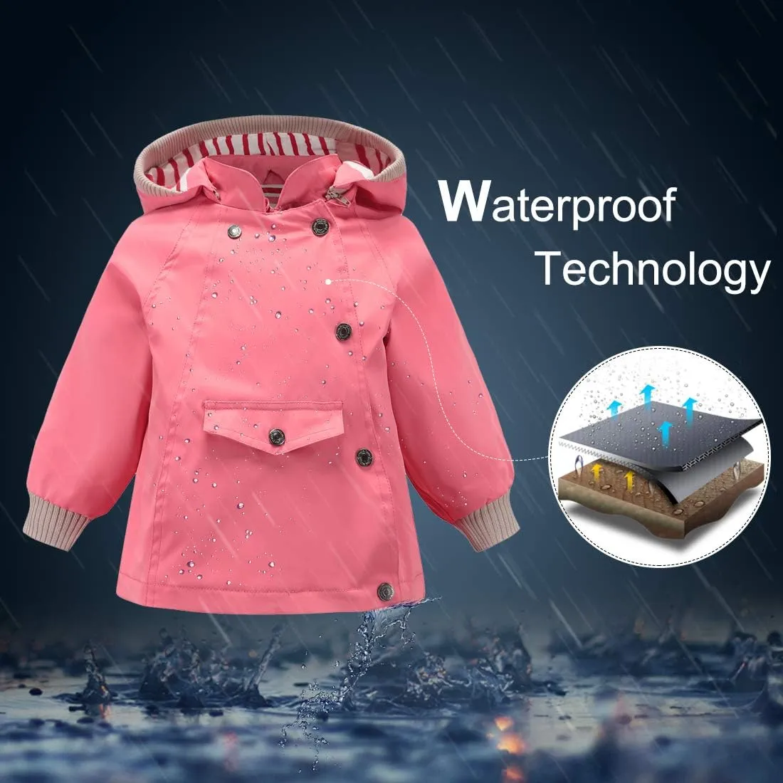 ACESTAR Boys Girls Waterproof Hooded Rain Jacket Kids Cotton Lined Rain Coat Toddler Windbreaker Spring Fall Raincoat