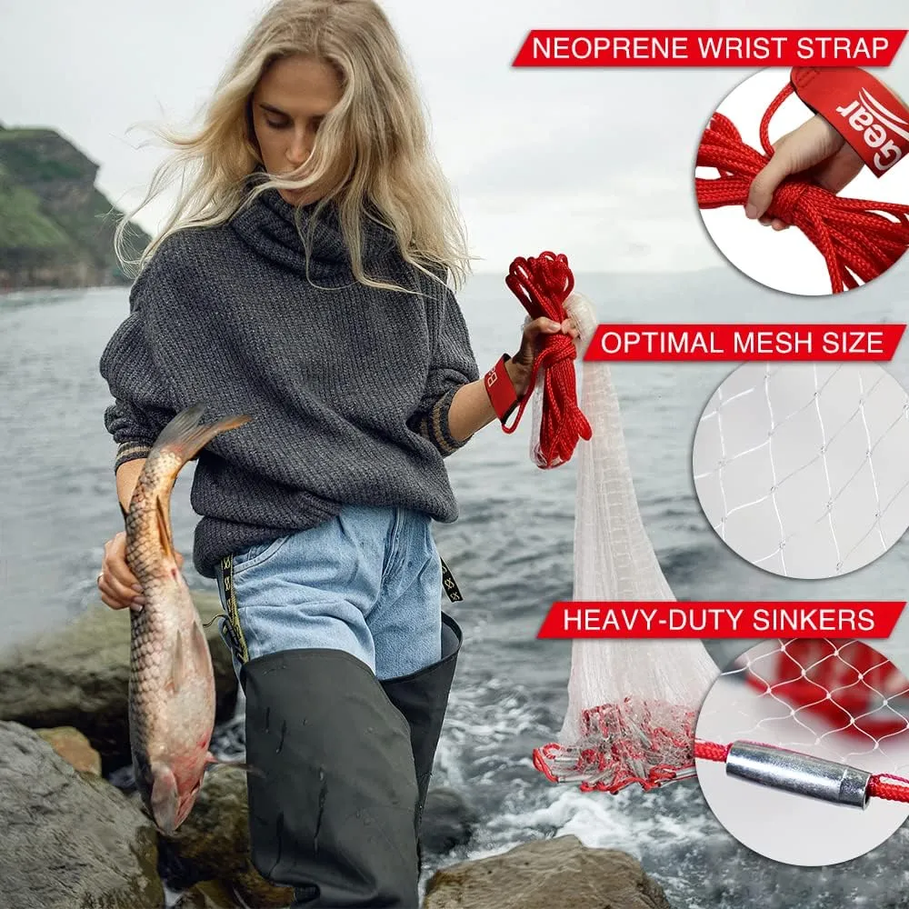 Cast Net | 3ft-12ft Radius, 3/8 or 1/4 inch Mesh for Freshwater and Saltwater Bait Fish| Professional Grade and Upgraded Material | Throw Style