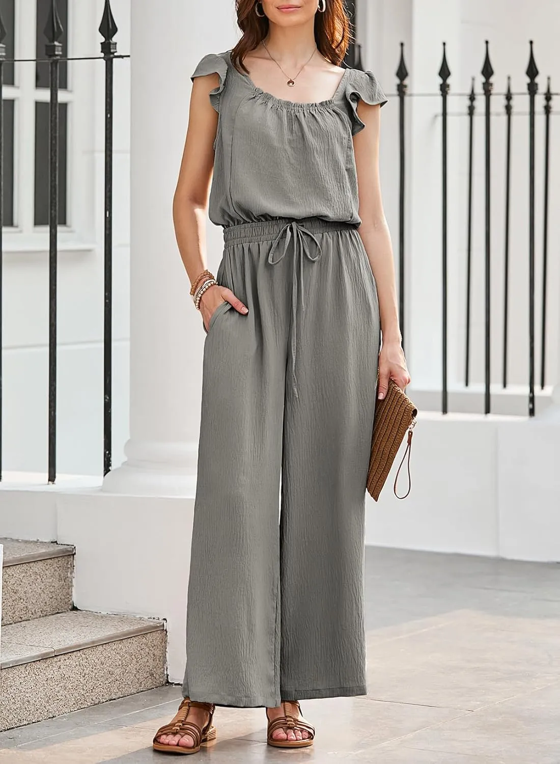 Dokotoo Jumpsuits for Women 2025 Summer Ruffle Sleeves Square Neck Rompers Drawstring Overalls with Pockets