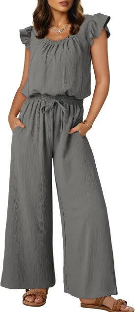 Dokotoo Jumpsuits for Women 2025 Summer Ruffle Sleeves Square Neck Rompers Drawstring Overalls with Pockets