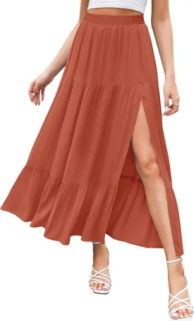 HAEOF Women's 2025 Summer Flowy Boho Maxi Skirt Trendy Slit Elastic High Waist A Line Beach Long Skirts with Pockets