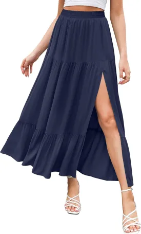 HAEOF Women's 2025 Summer Flowy Boho Maxi Skirt Trendy Slit Elastic High Waist A Line Beach Long Skirts with Pockets