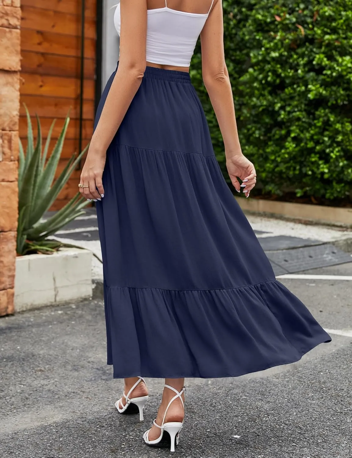 HAEOF Women's 2025 Summer Flowy Boho Maxi Skirt Trendy Slit Elastic High Waist A Line Beach Long Skirts with Pockets