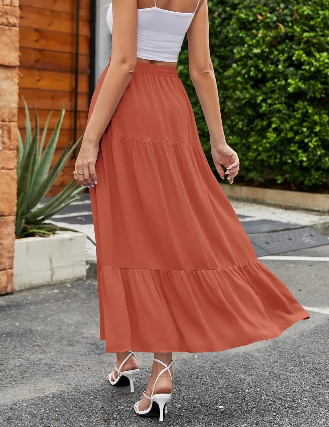 HAEOF Women's 2025 Summer Flowy Boho Maxi Skirt Trendy Slit Elastic High Waist A Line Beach Long Skirts with Pockets