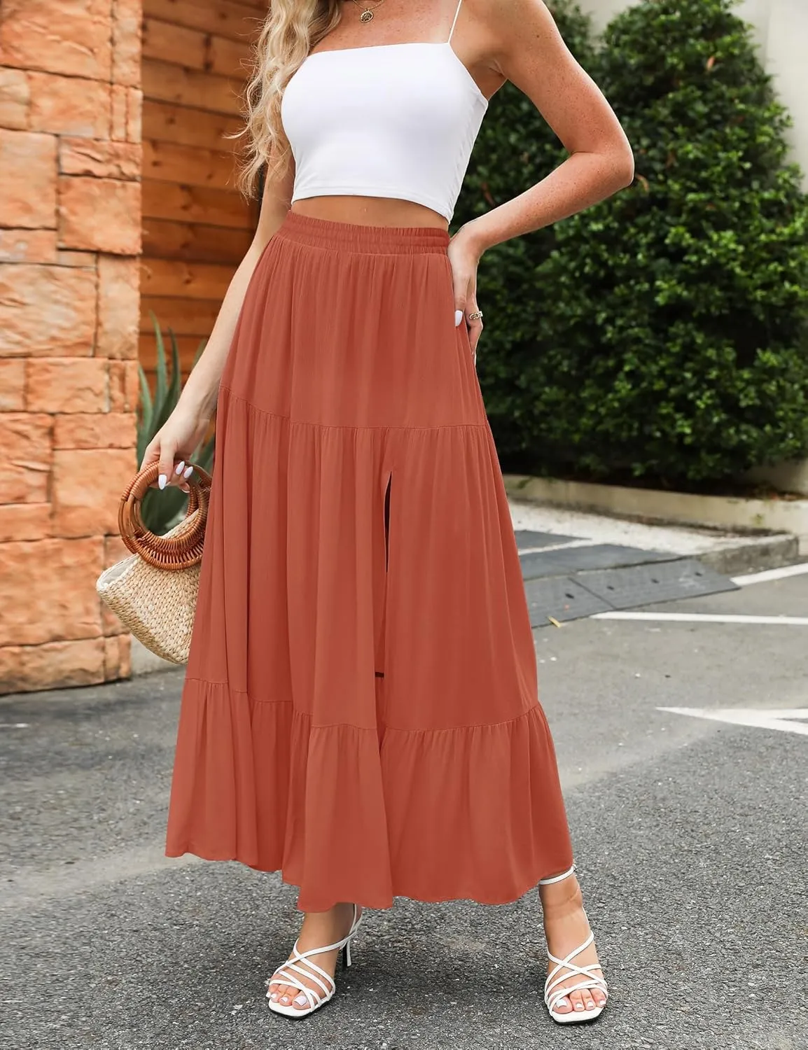 HAEOF Women's 2025 Summer Flowy Boho Maxi Skirt Trendy Slit Elastic High Waist A Line Beach Long Skirts with Pockets