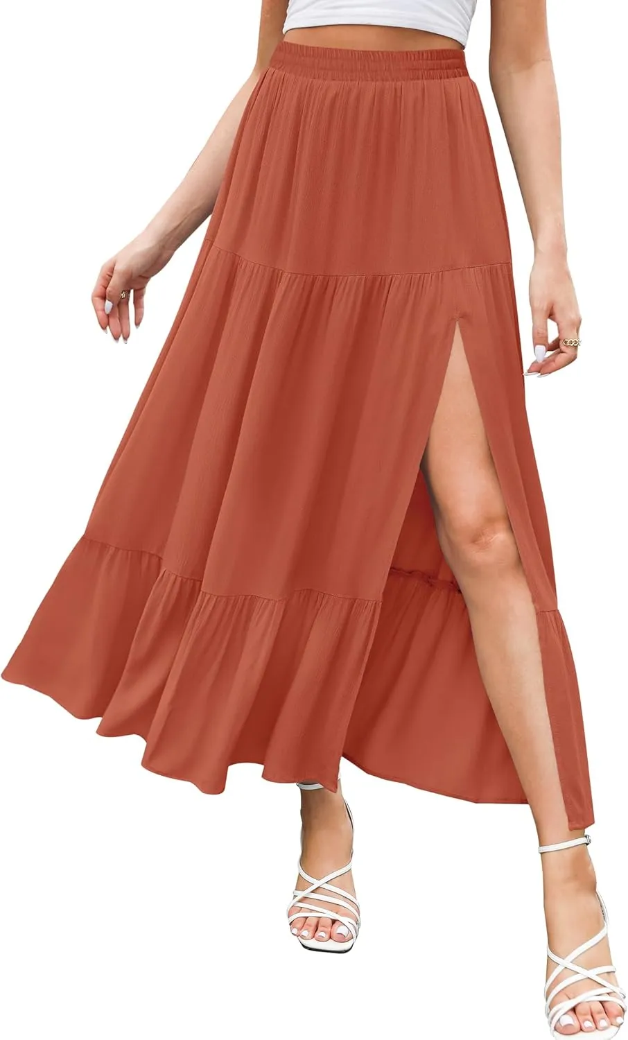 HAEOF Women's 2025 Summer Flowy Boho Maxi Skirt Trendy Slit Elastic High Waist A Line Beach Long Skirts with Pockets
