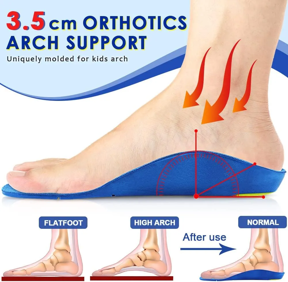 Kids Arch Support Shoe Inserts, Children Orthotics Shoe Insoles with PU Foam Cushioning for Flat feet, Plantar Fasciitis, Feet Heel Pain Relief