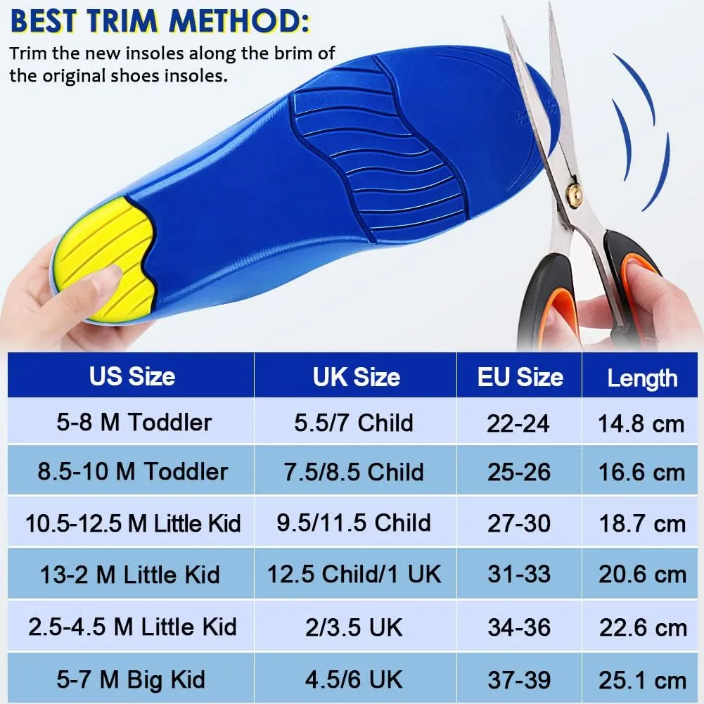 Kids Arch Support Shoe Inserts, Children Orthotics Shoe Insoles with PU Foam Cushioning for Flat feet, Plantar Fasciitis, Feet Heel Pain Relief