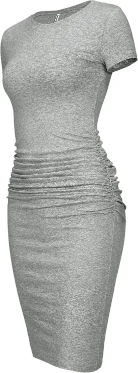 Laughido Women's Short Sleeve Ruched Bodycon Sundress Knee Length T Shirt Dresses 2025 Trendy Casual Outfits
