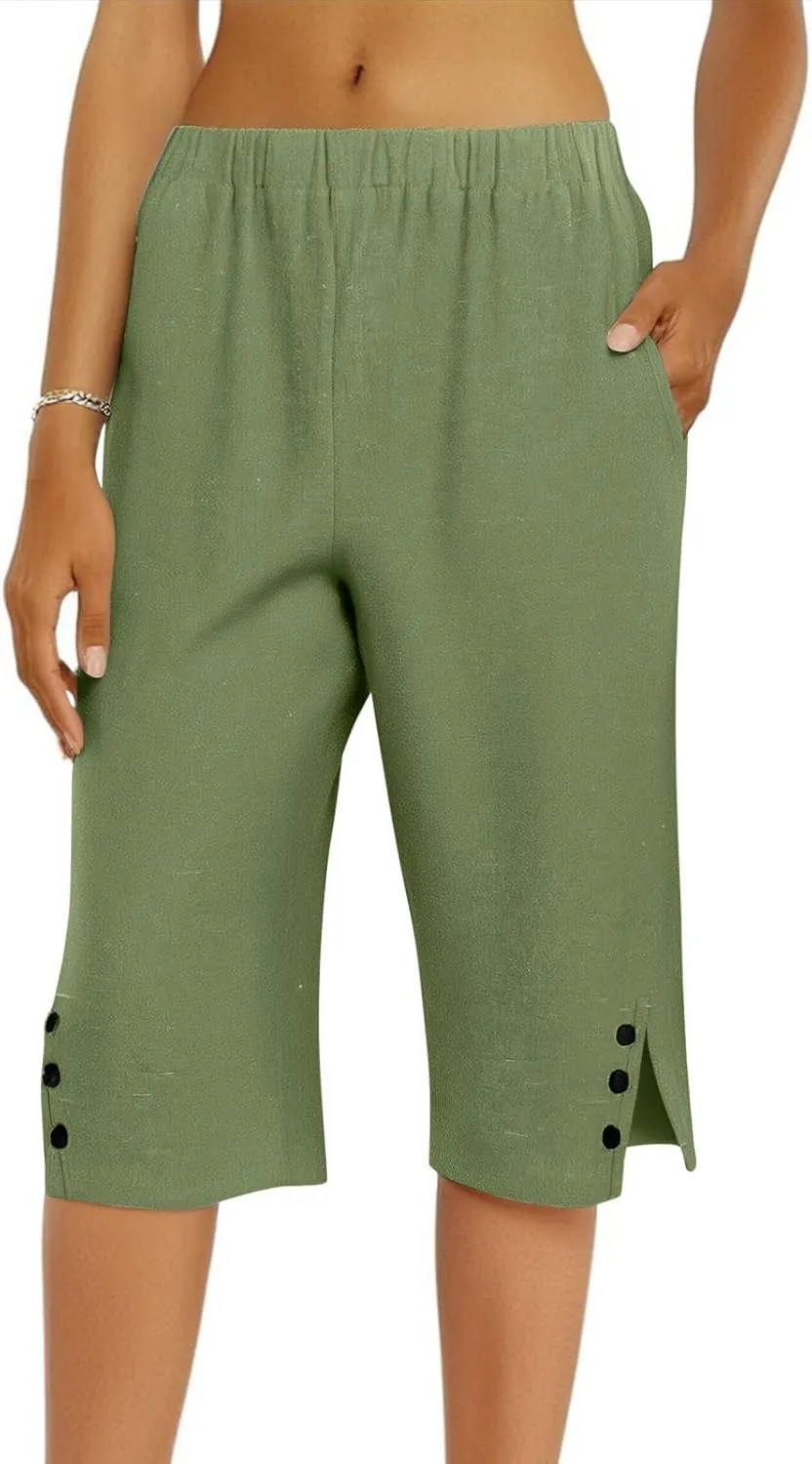 Linen Shorts for Women Knee Length Casual Summer Capri Pants Lightweight Beach Bermuda Shorts with Pockets
