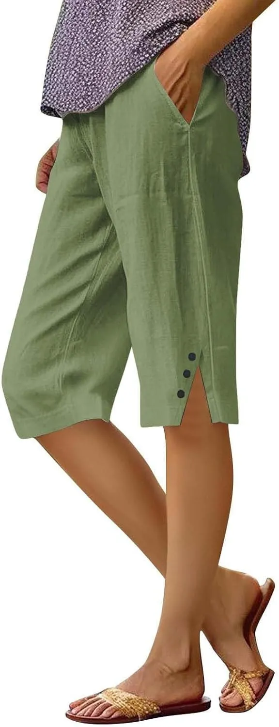 Linen Shorts for Women Knee Length Casual Summer Capri Pants Lightweight Beach Bermuda Shorts with Pockets