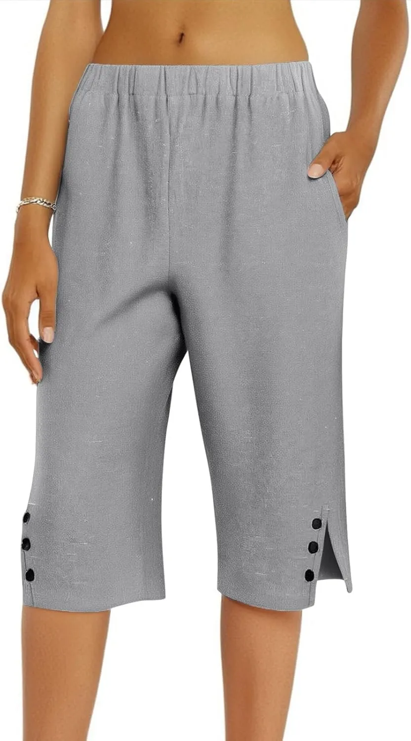 Linen Shorts for Women Knee Length Casual Summer Capri Pants Lightweight Beach Bermuda Shorts with Pockets