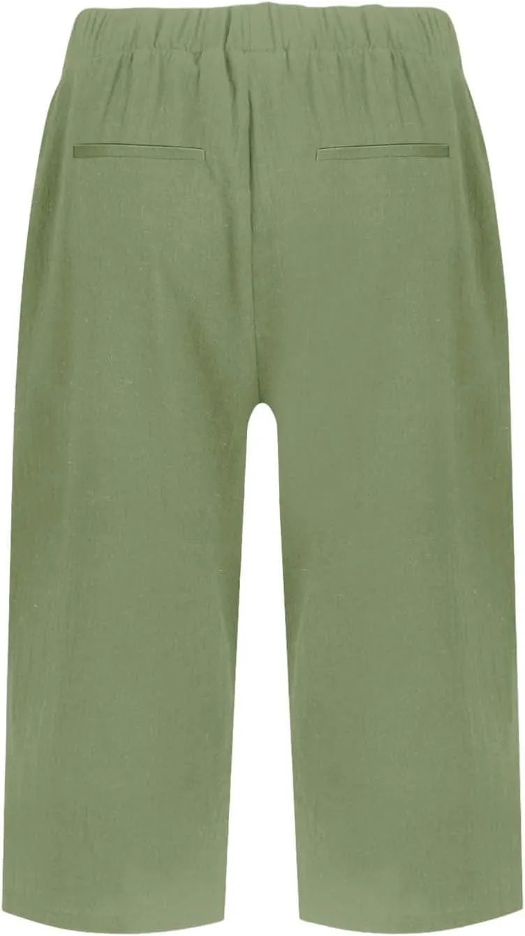 Linen Shorts for Women Knee Length Casual Summer Capri Pants Lightweight Beach Bermuda Shorts with Pockets