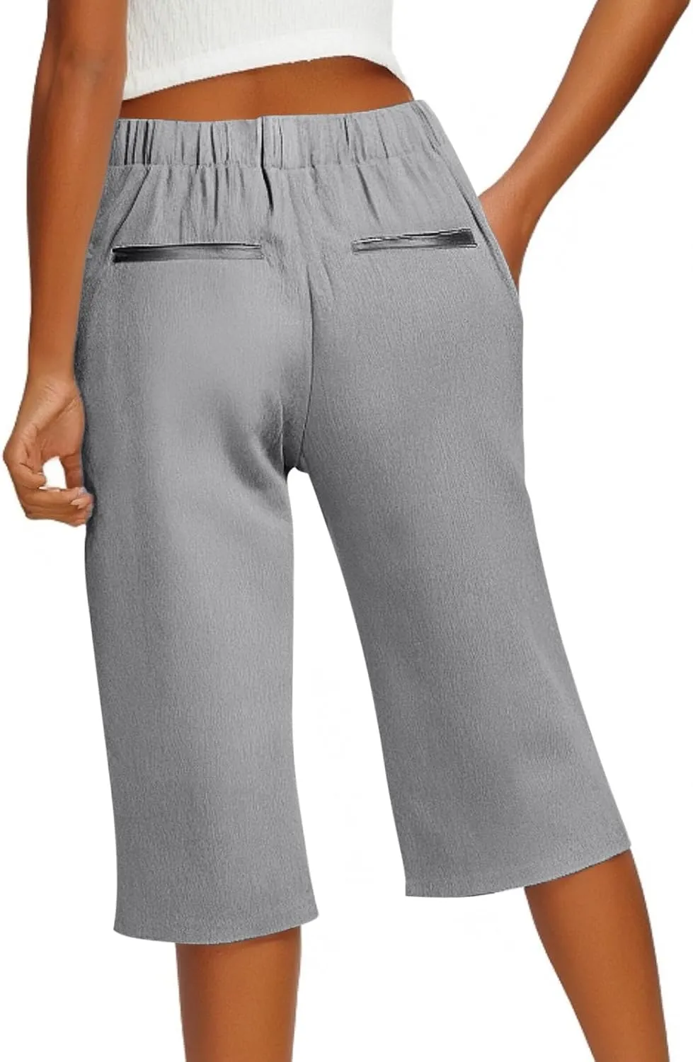 Linen Shorts for Women Knee Length Casual Summer Capri Pants Lightweight Beach Bermuda Shorts with Pockets