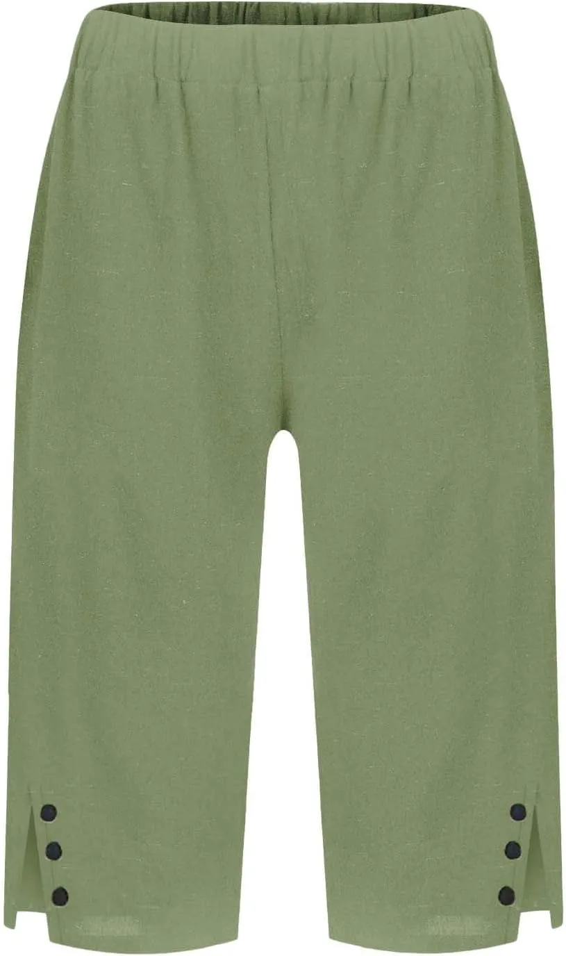 Linen Shorts for Women Knee Length Casual Summer Capri Pants Lightweight Beach Bermuda Shorts with Pockets