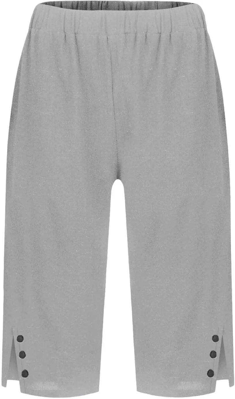 Linen Shorts for Women Knee Length Casual Summer Capri Pants Lightweight Beach Bermuda Shorts with Pockets