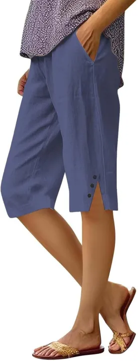 Linen Shorts for Women Knee Length Casual Summer Capri Pants Lightweight Beach Bermuda Shorts with Pockets