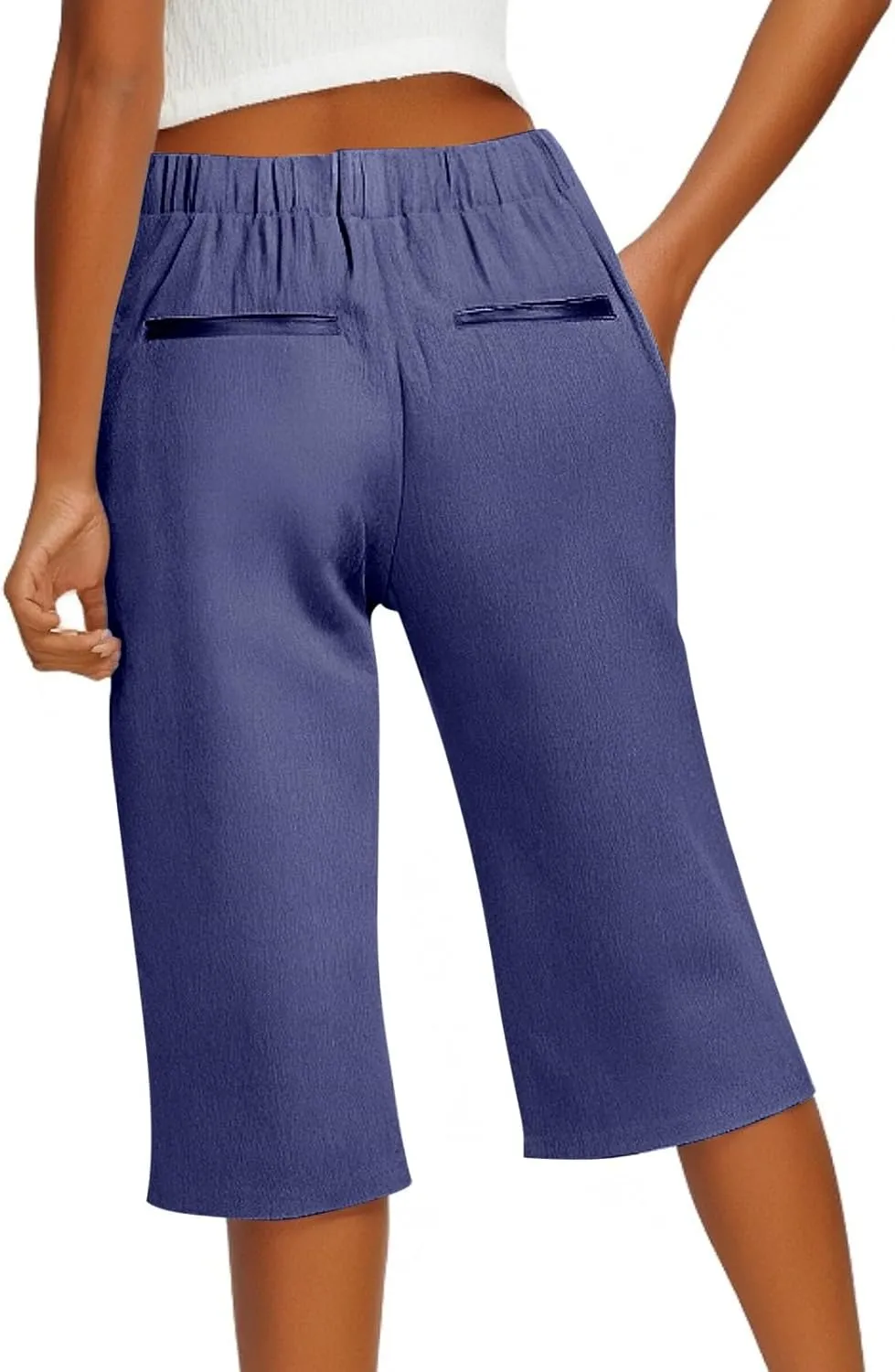 Linen Shorts for Women Knee Length Casual Summer Capri Pants Lightweight Beach Bermuda Shorts with Pockets