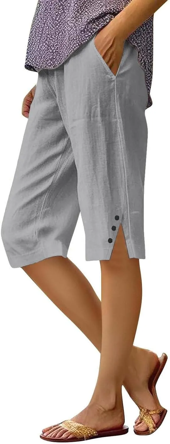 Linen Shorts for Women Knee Length Casual Summer Capri Pants Lightweight Beach Bermuda Shorts with Pockets