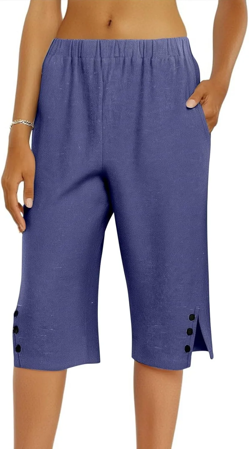 Linen Shorts for Women Knee Length Casual Summer Capri Pants Lightweight Beach Bermuda Shorts with Pockets