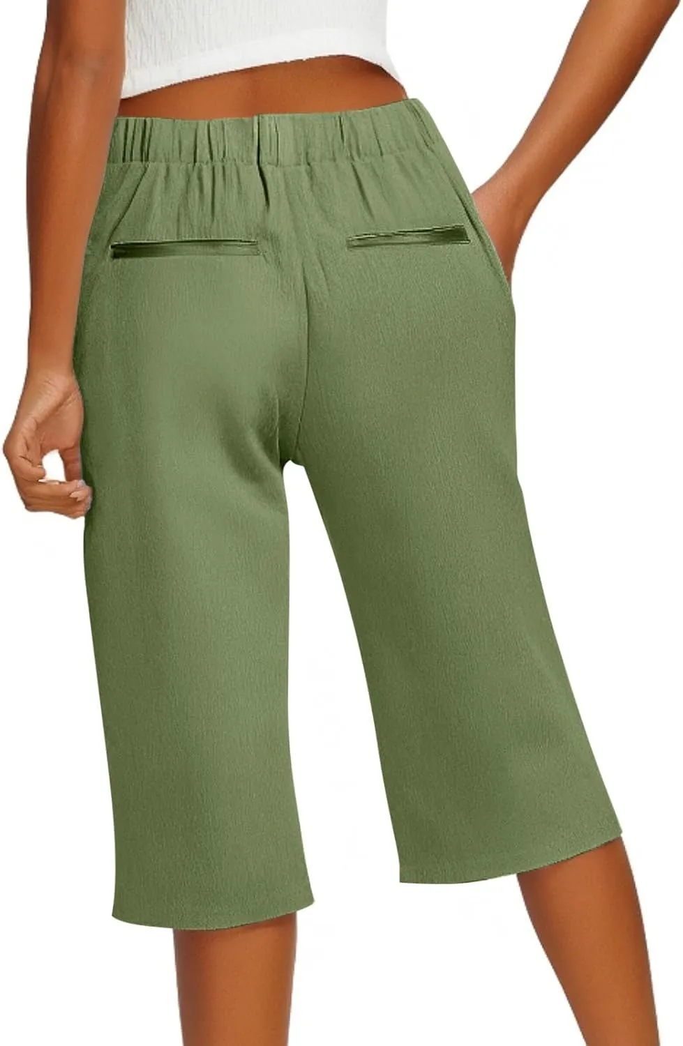 Linen Shorts for Women Knee Length Casual Summer Capri Pants Lightweight Beach Bermuda Shorts with Pockets