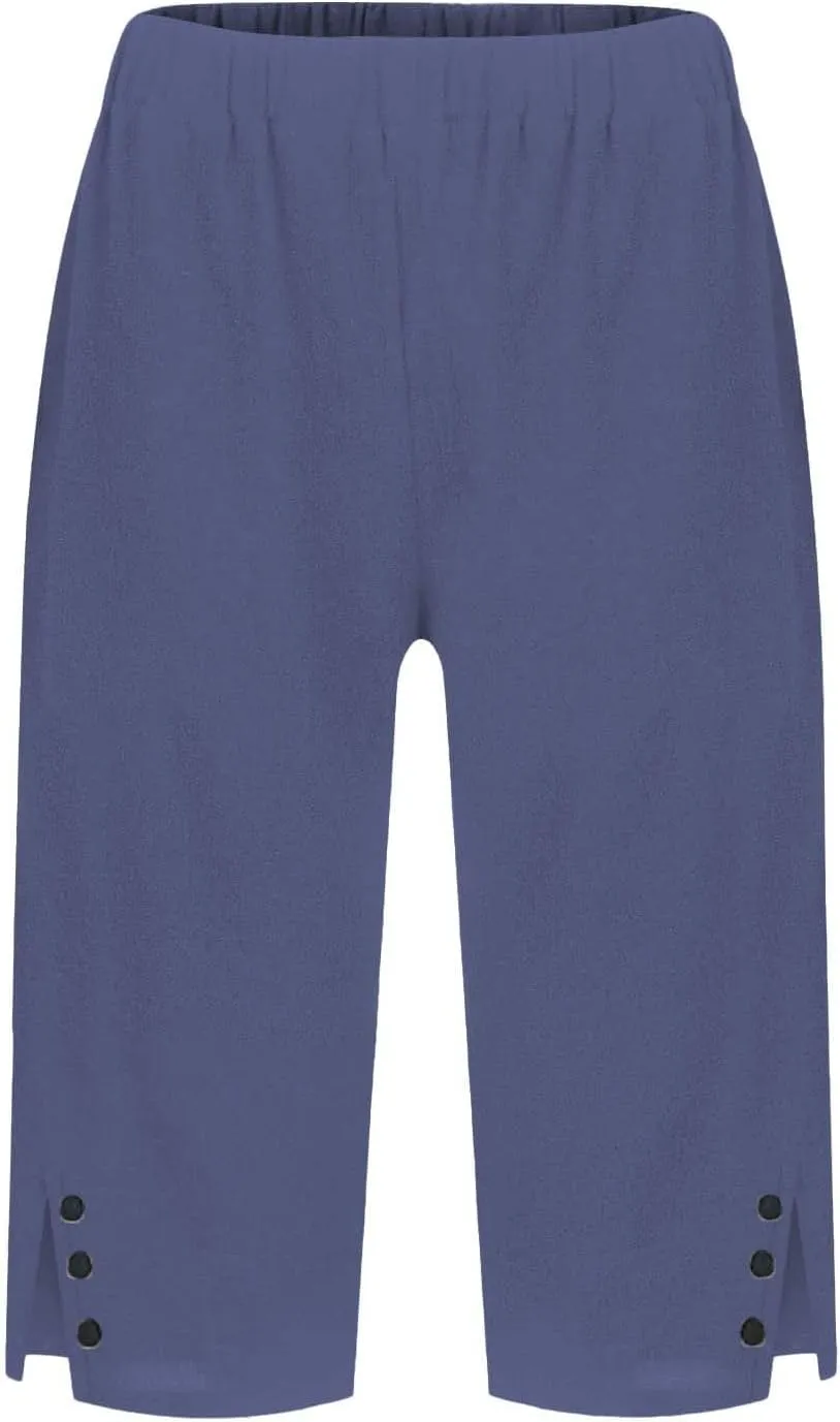 Linen Shorts for Women Knee Length Casual Summer Capri Pants Lightweight Beach Bermuda Shorts with Pockets