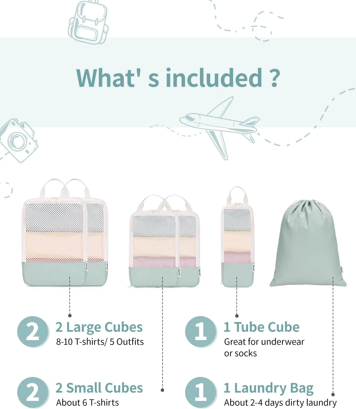 Narwey 6 Set Compression Packing Cubes Travel for Carry on Women, Packing Organizers Bag for Backpack Luggage Suitcase Duffle Bags