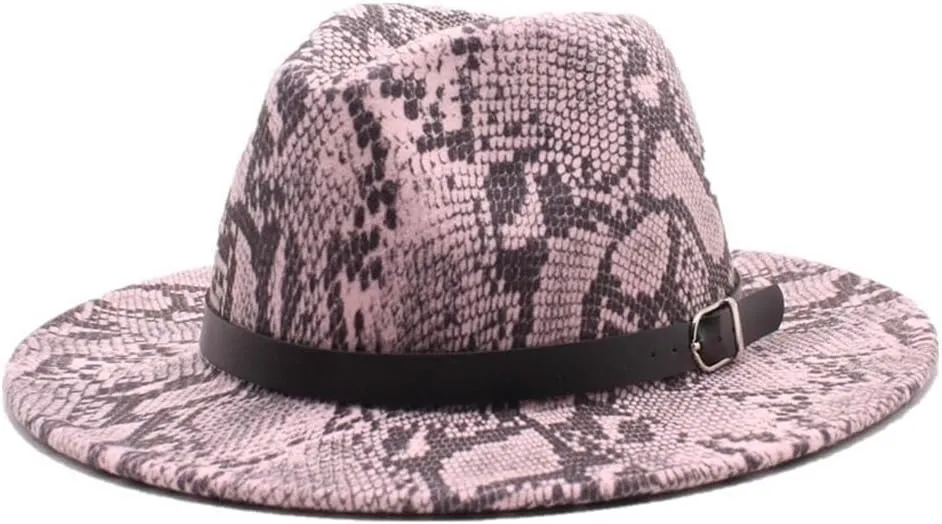 New Wool Cloth Hat, Female Snake Texture Hat National Style Flat Brim Felt Hat, Male Belt Jazz Hat Fengyan Cowboy Hats (Color : Rose Red, Size : 56-58cm)