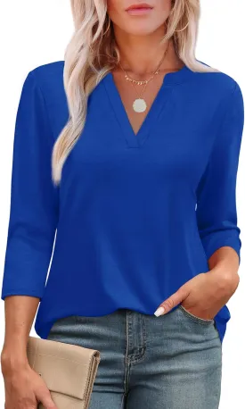 OFEEFAN 3/4 Length Sleeve Womens Tops V Neck Tunic Shirts Loose Curved Hem Blouses Dressy Casual S-3XL