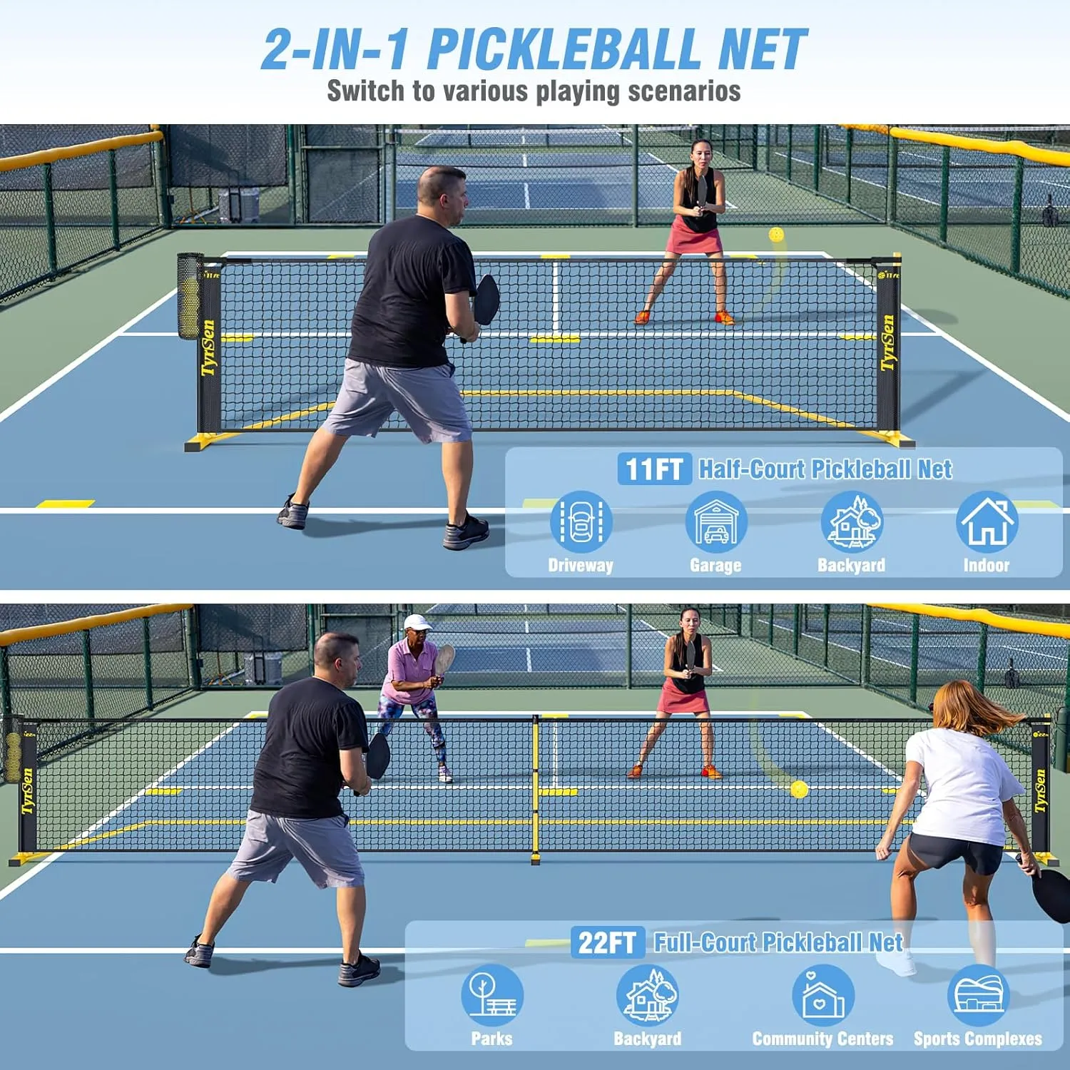 Portable Pickleball Net for Driveway, 22 FT Regulation Size & 11 FT Half Court Size Pickle Ball Net with Ball Collector, 2-in-1 Pickle Ball Net with Carry Bag for Garages Backyard