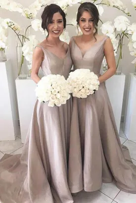 Simple V-neck Sleeveless High Low Sweep Train Silver Bridesmaid Dress  BD061