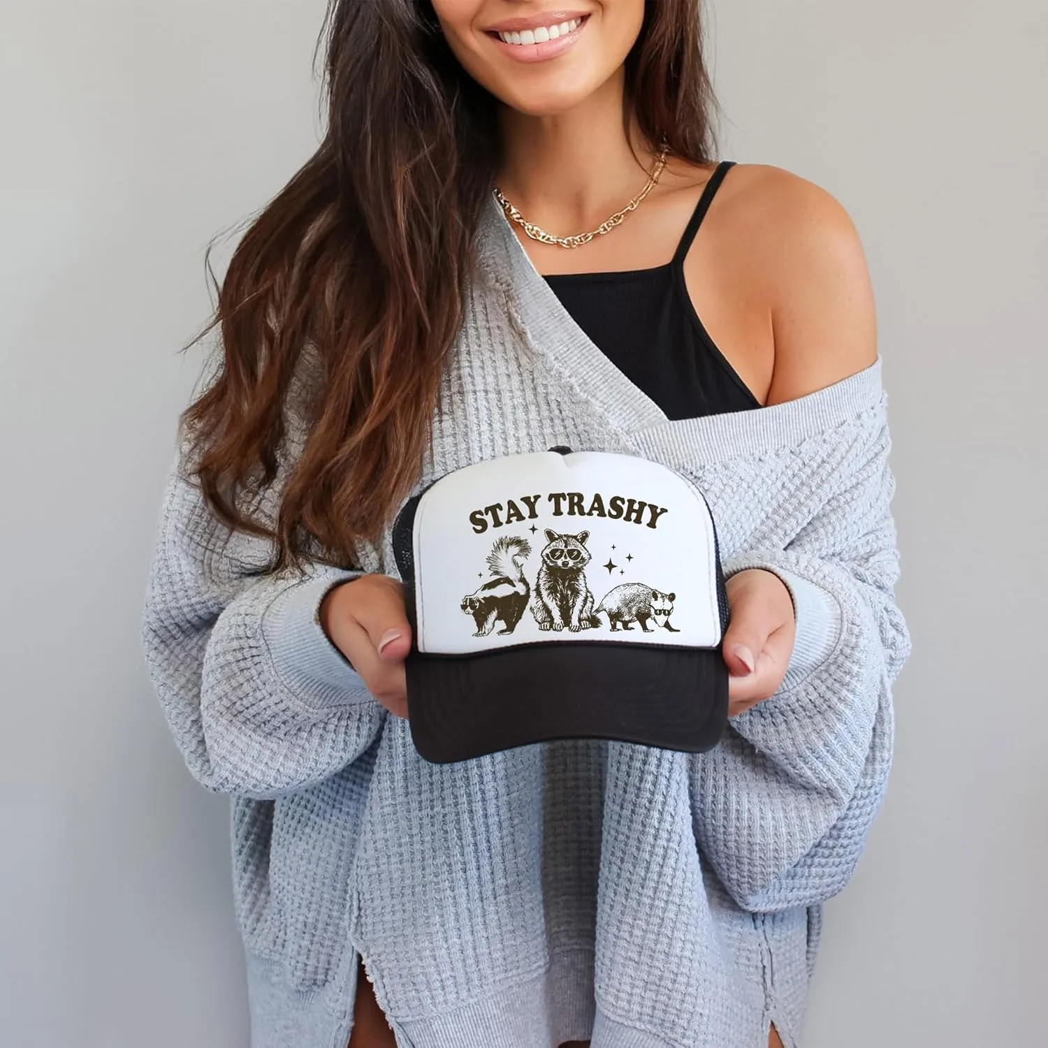Stay Trashy Funny Raccoon Graphic Classic 5 Panel Mesh Snap Back Trucker Hat