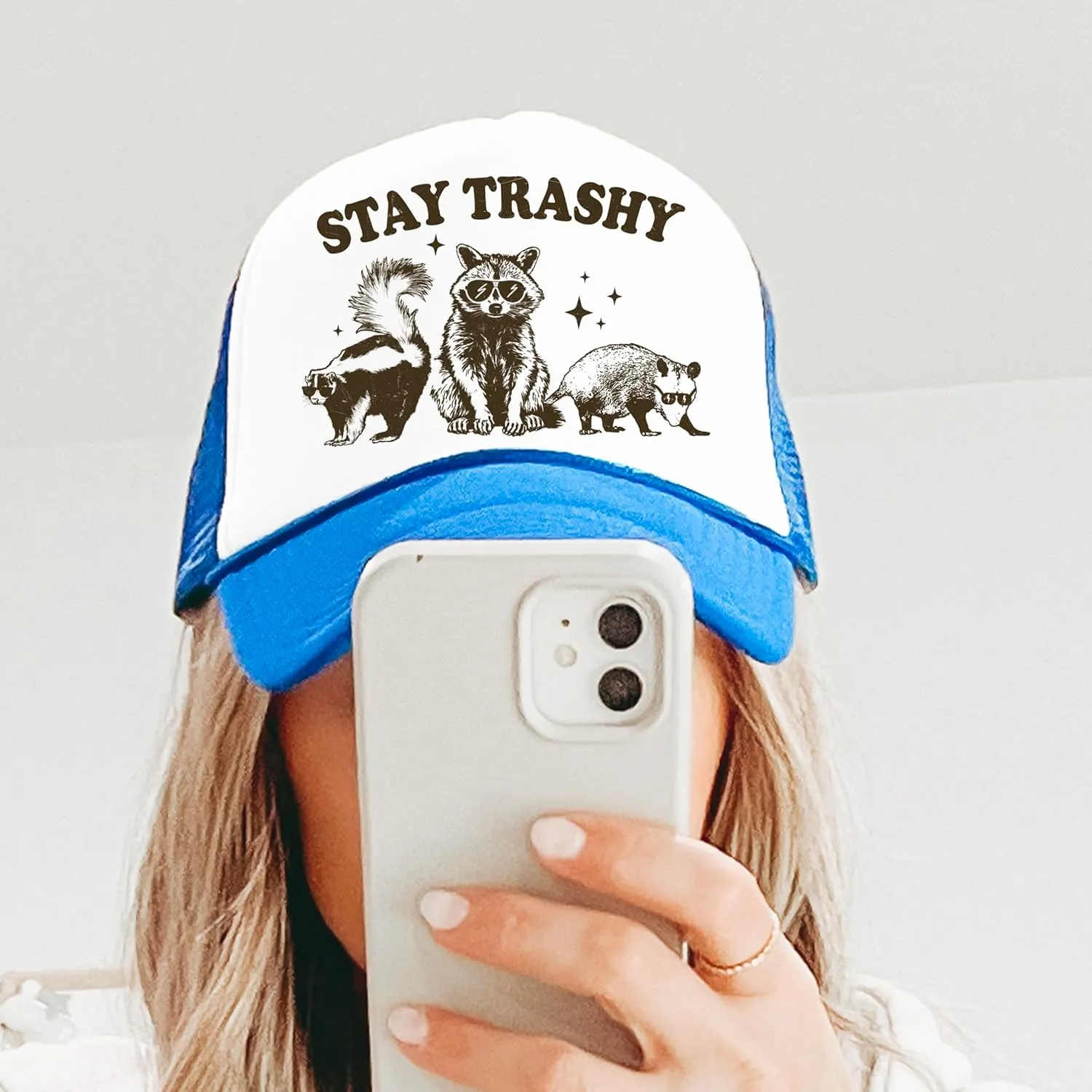 Stay Trashy Funny Raccoon Graphic Classic 5 Panel Mesh Snap Back Trucker Hat