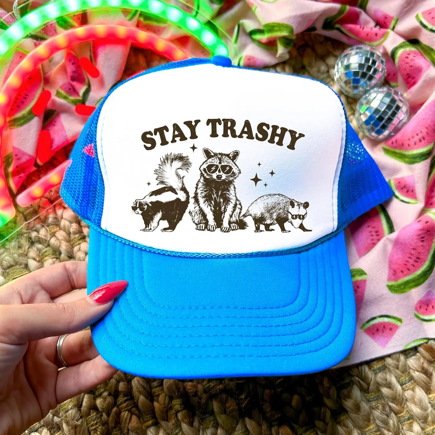 Stay Trashy Funny Raccoon Graphic Classic 5 Panel Mesh Snap Back Trucker Hat