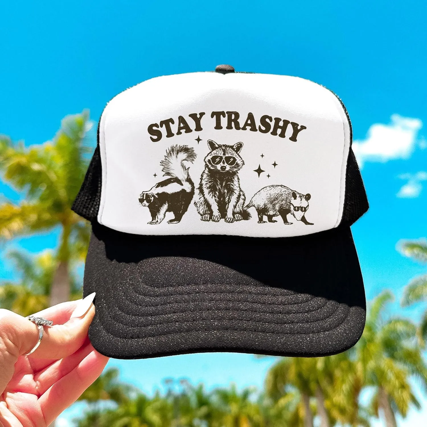 Stay Trashy Funny Raccoon Graphic Classic 5 Panel Mesh Snap Back Trucker Hat