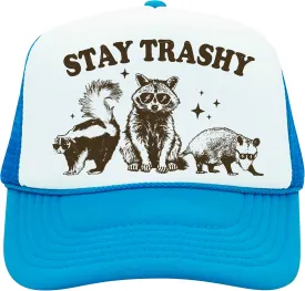 Stay Trashy Funny Raccoon Graphic Classic 5 Panel Mesh Snap Back Trucker Hat