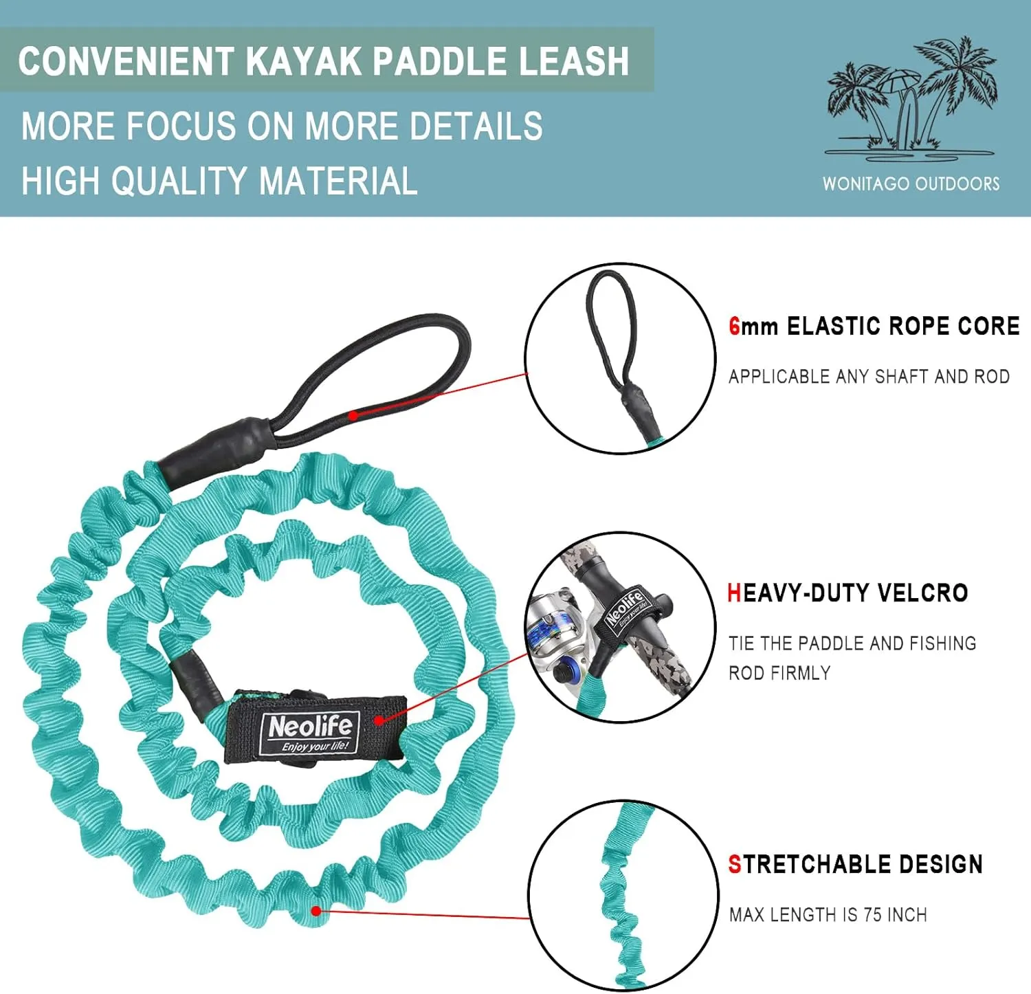 Stretchable Kayak Paddle Leash, Coiled Rod Leash Tool Lanyard for Kayak and SUP Paddles, Fishing Poles Rods