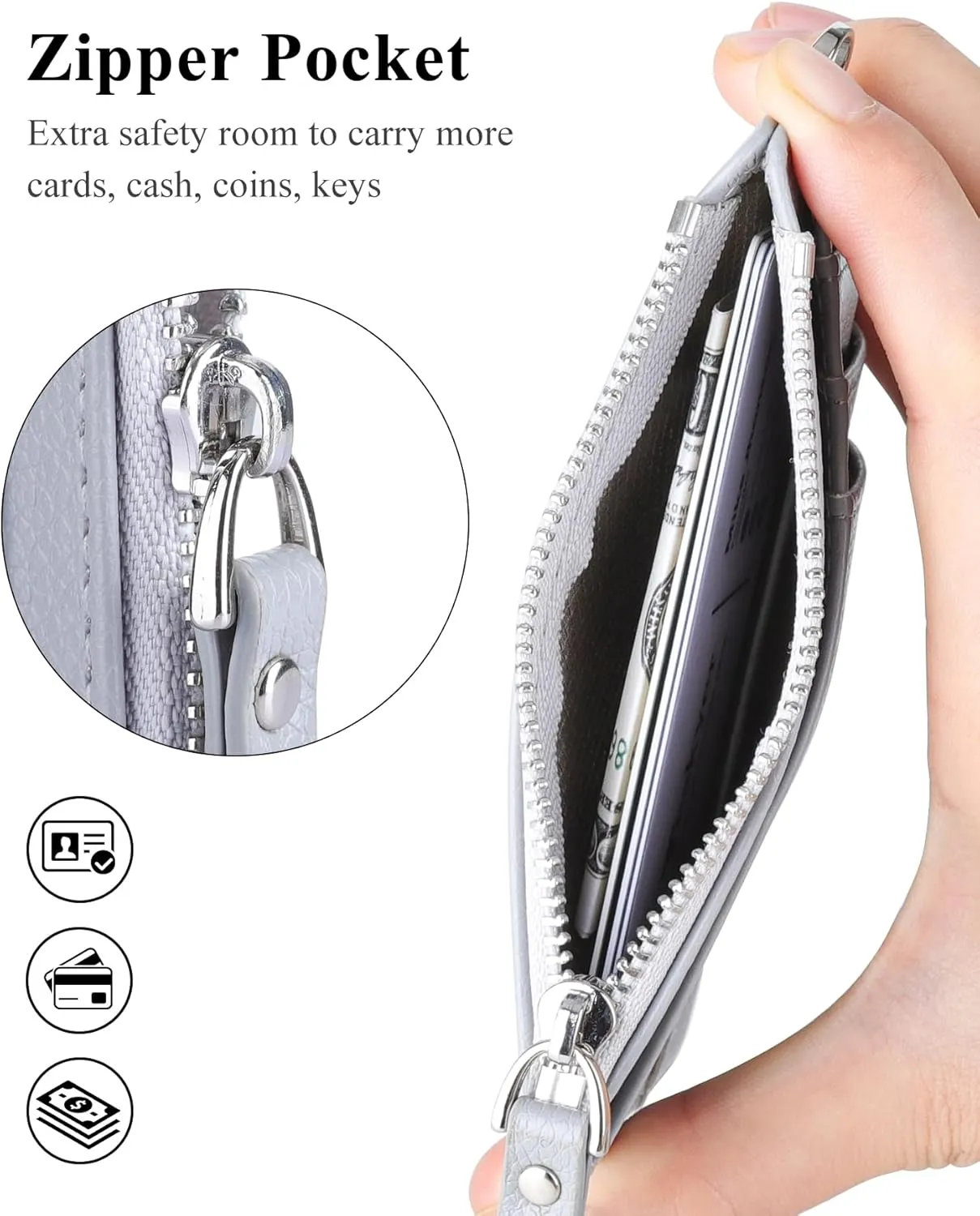 Teskyer Slim Minimalist Wallet, RFID Blocking Credit Card Holder Leather Wallet with Zipper Pocket for Men Women - Lichee Grey