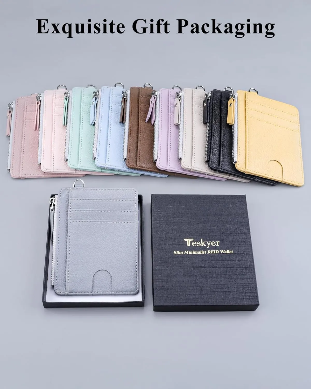 Teskyer Slim Minimalist Wallet, RFID Blocking Credit Card Holder Leather Wallet with Zipper Pocket for Men Women - Lichee Grey