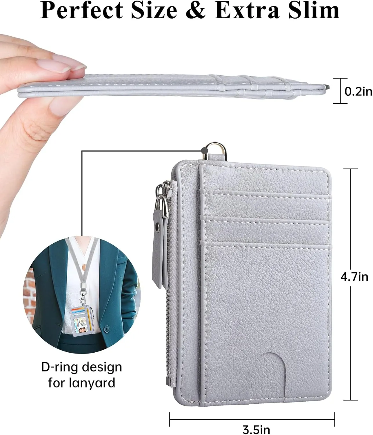 Teskyer Slim Minimalist Wallet, RFID Blocking Credit Card Holder Leather Wallet with Zipper Pocket for Men Women - Lichee Grey