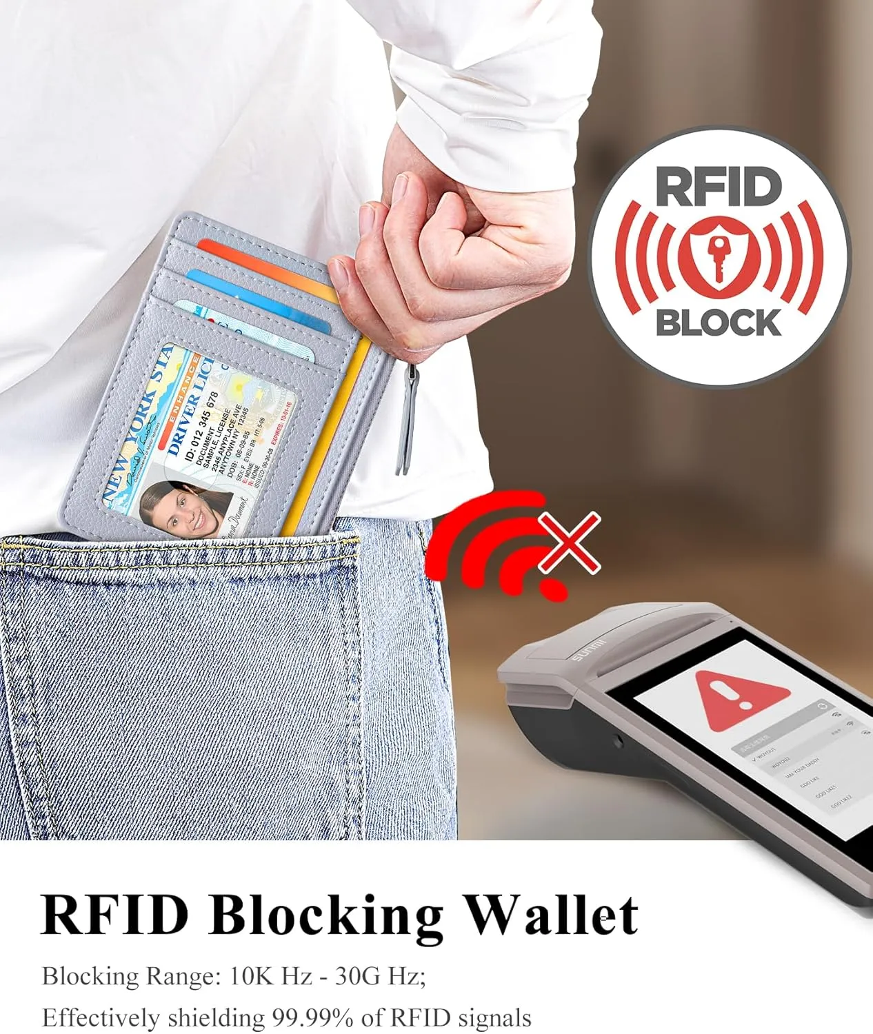 Teskyer Slim Minimalist Wallet, RFID Blocking Credit Card Holder Leather Wallet with Zipper Pocket for Men Women - Lichee Grey