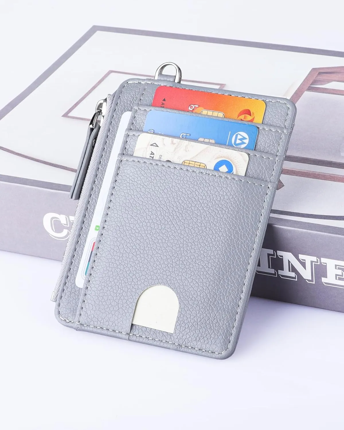 Teskyer Slim Minimalist Wallet, RFID Blocking Credit Card Holder Leather Wallet with Zipper Pocket for Men Women - Lichee Grey