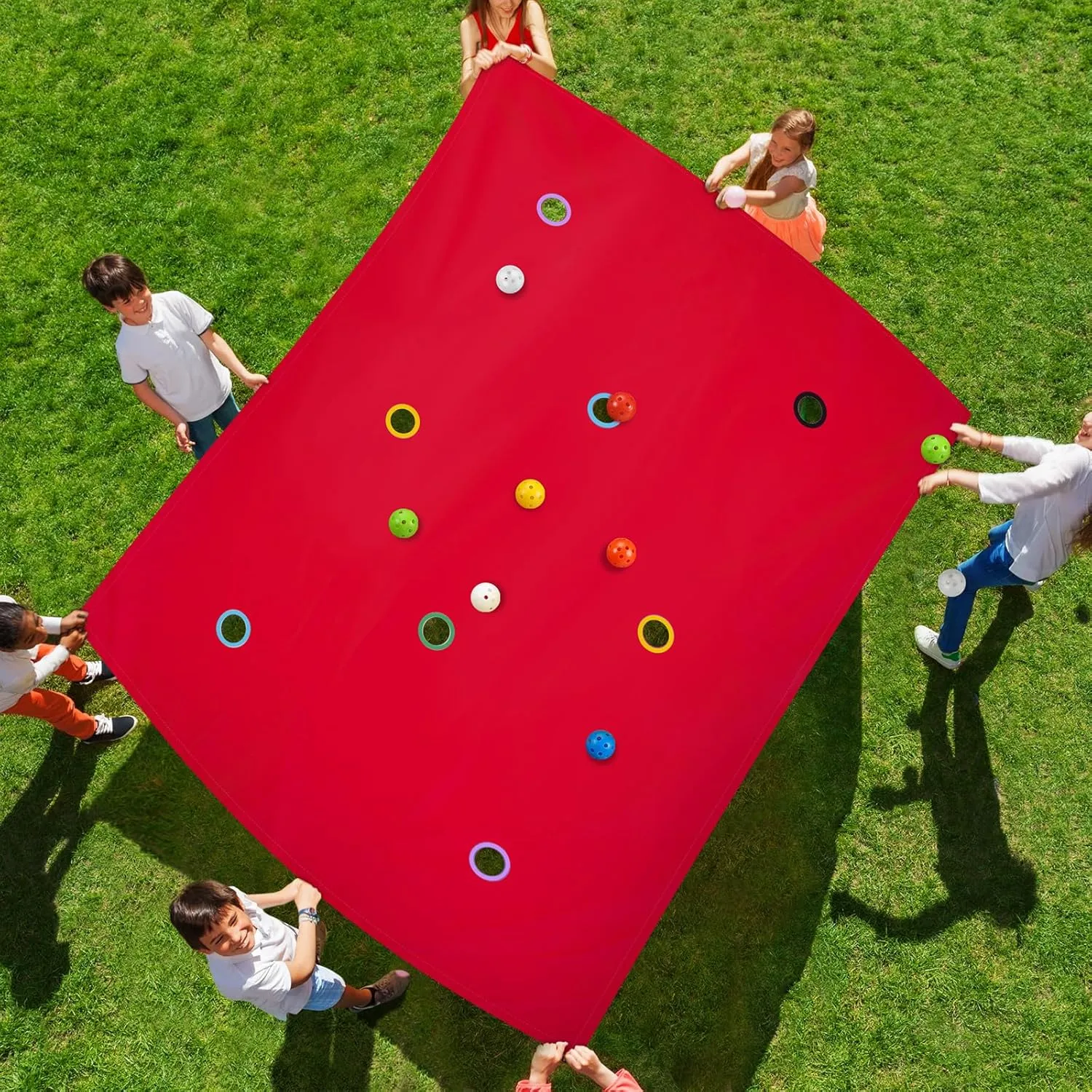 Tradder 2 Set Hole Tarp Team Building Game 85 x 57 Inches Learning Fun Team Building Games for Work with 16 Pcs Ball for Teamwork Group Activities(Red)