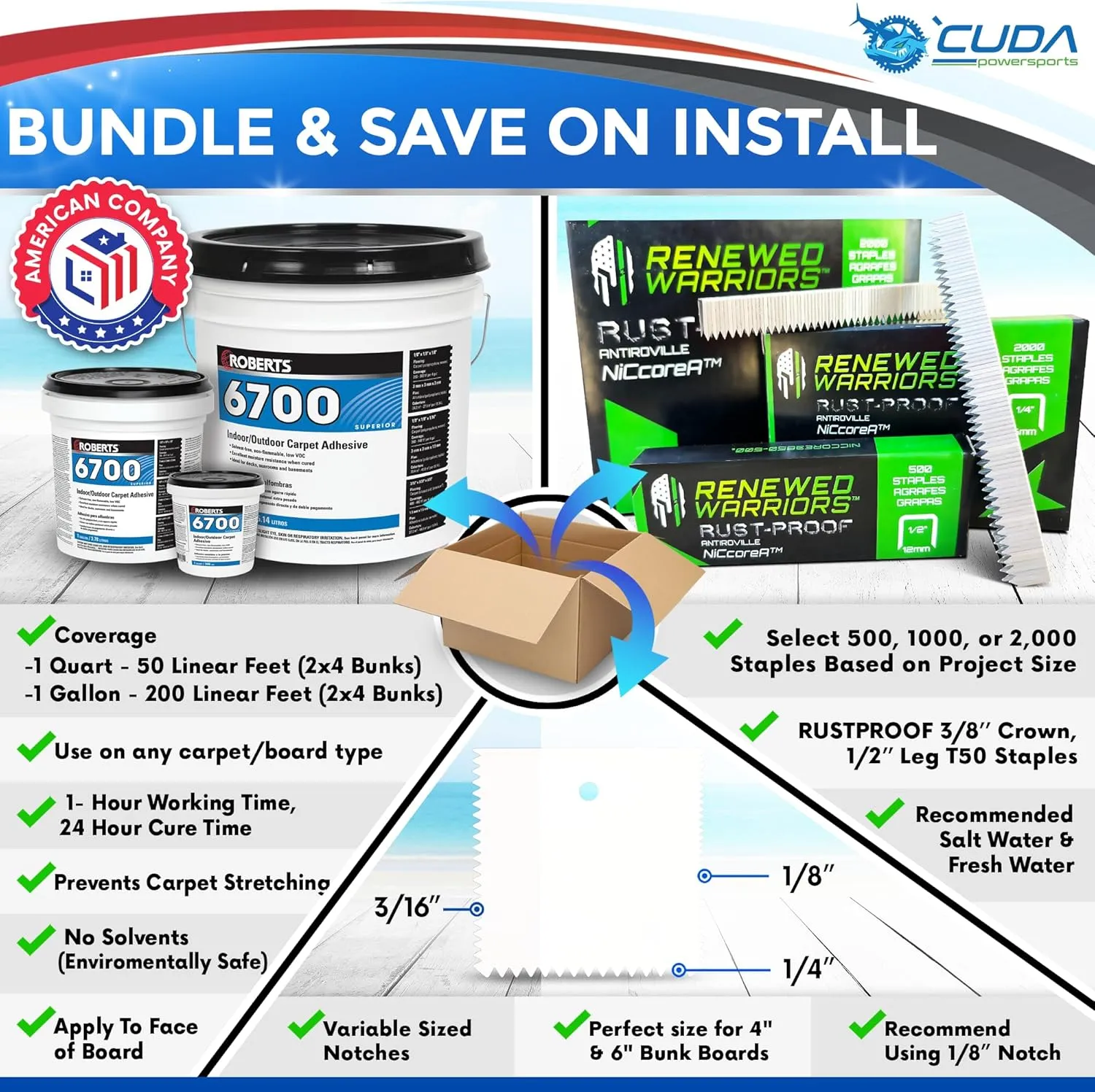 Trailer Hardware Kit-Cuda Boat Trailer Bunk Carpet 9 Inch Wide-PREMIUM30-Black 9" x 50Ft-2000 Staples-Cuda Boat Bunk Carpeting Waterproof Premium Kit30