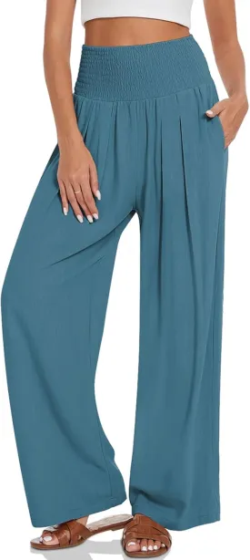 UEU Women's Linen Palazzo Pants Wide Leg High Waisted Lounge Casual Beach Pants with Pockets