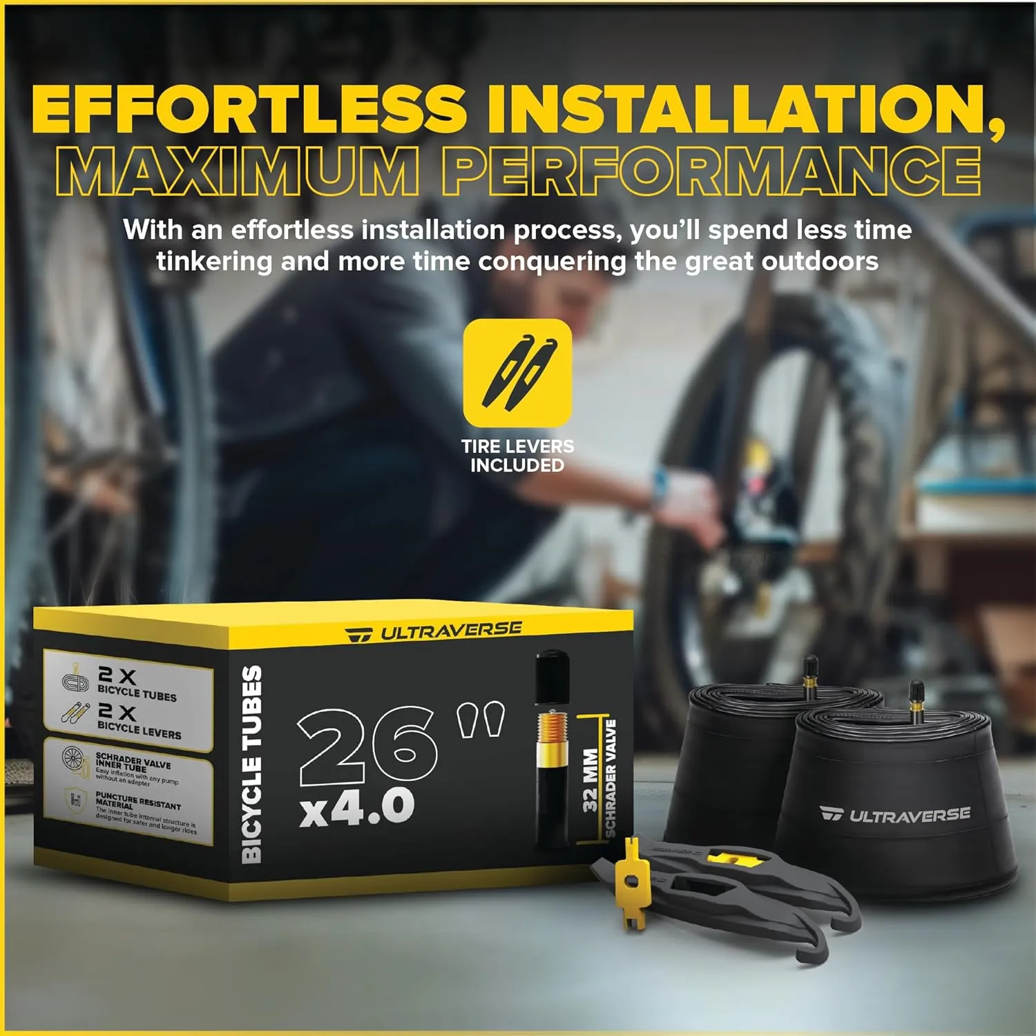 Ultraverse 20x4.0, 26x4.0, 20x3.0, 26x3.0 Inner Tube Set with Schrader Valve-Ideal for Mountain Bikes & E-Bikes with 20/26-Inch Fat Tires-Durable & Reliable Performance 2 Pack with Tire Levers
