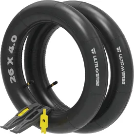 Ultraverse 20x4.0, 26x4.0, 20x3.0, 26x3.0 Inner Tube Set with Schrader Valve-Ideal for Mountain Bikes & E-Bikes with 20/26-Inch Fat Tires-Durable & Reliable Performance 2 Pack with Tire Levers