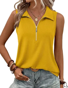 Vivilli Womens Ribbed Tank Top Zipper V Neck Dressy Casual Blouses Sleeveless Camisole Tops Work Tank Polo Shirts