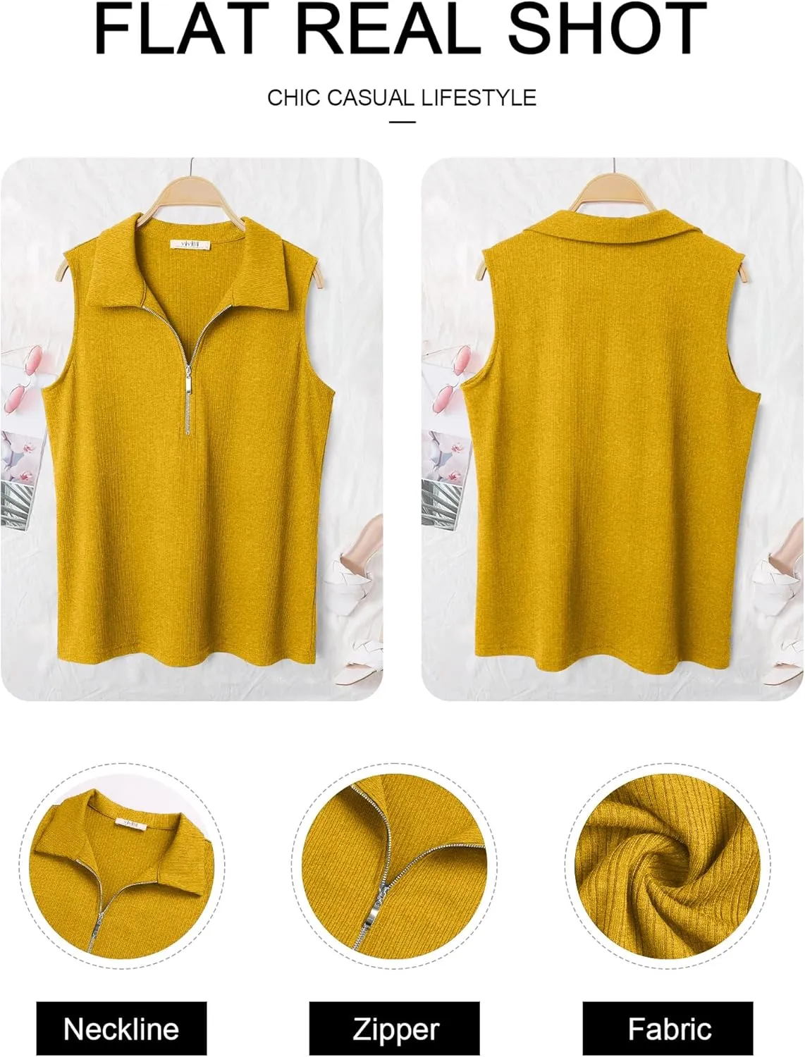 Vivilli Womens Ribbed Tank Top Zipper V Neck Dressy Casual Blouses Sleeveless Camisole Tops Work Tank Polo Shirts